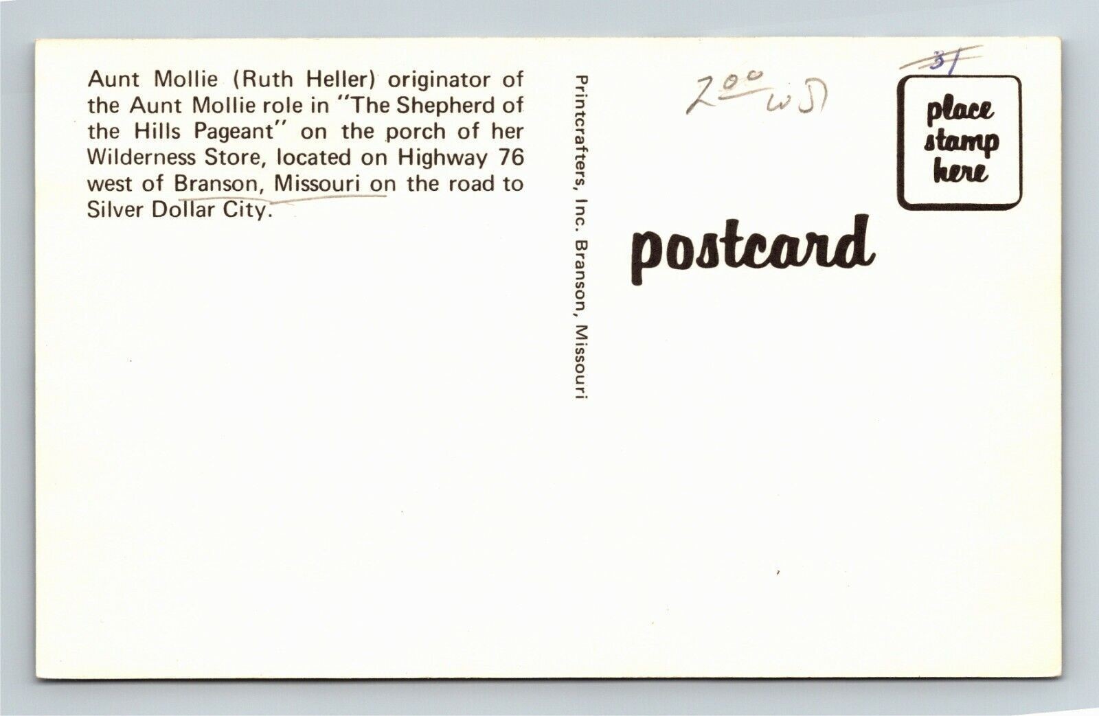 Branson MO, Aunt Mollie, Wilderness Store, Missouri Vintage Postcard