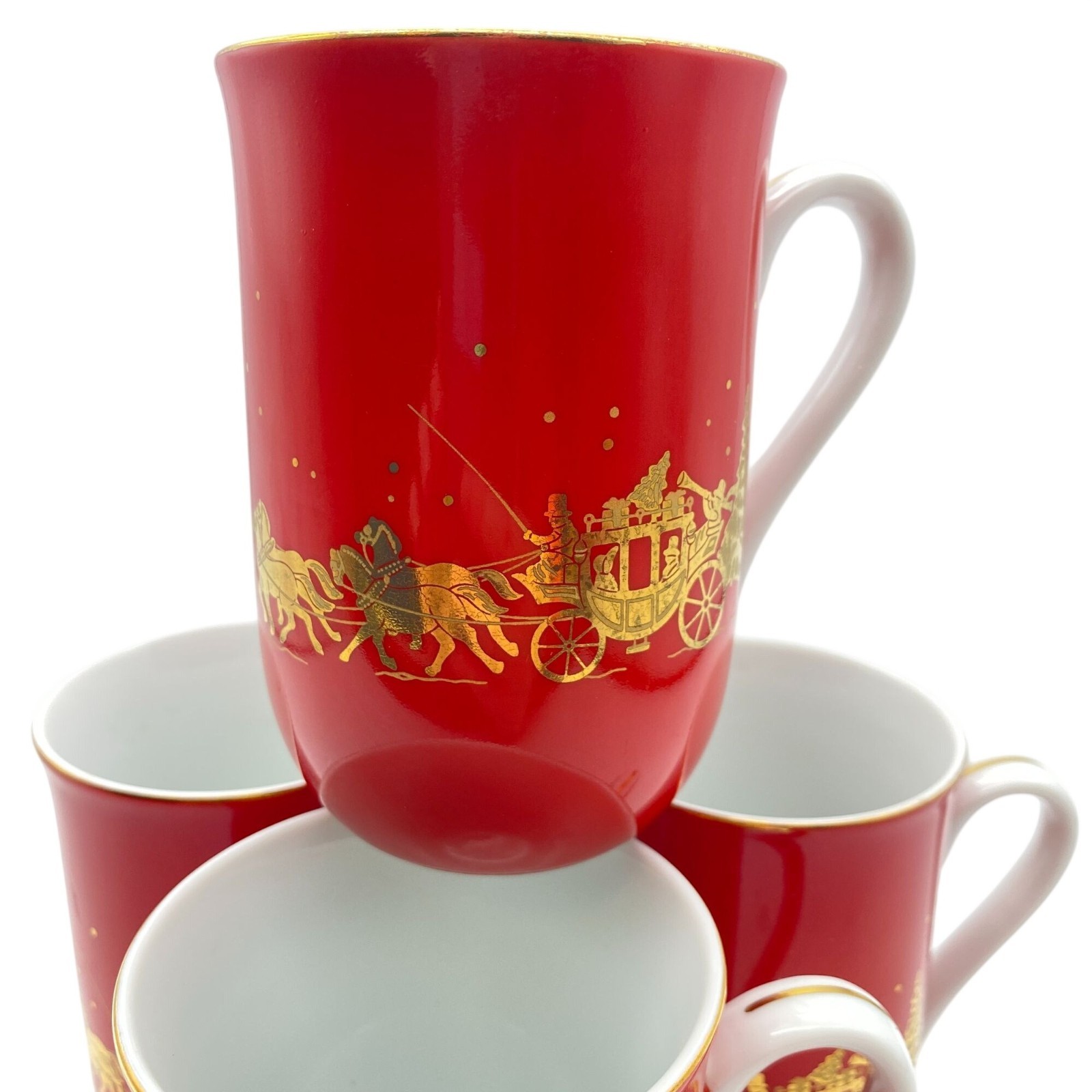 VTG Otagiri Horse and Carriage red gold coffee mug set of 4 Christmas Japan Gibs