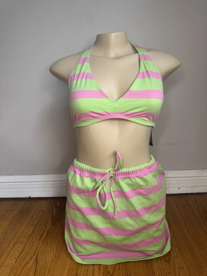 Vintage NWT 90s Ralph Lauren Sport Pink And Green 3 Piece Swimsuit Bikini Large - Image 2 of 4