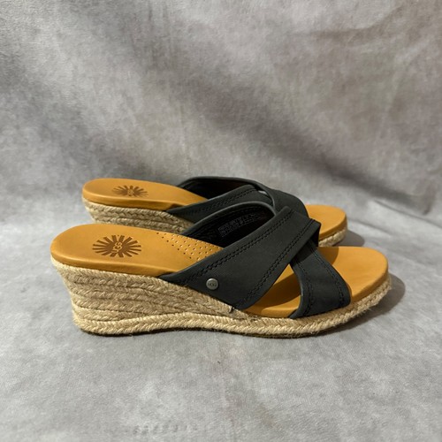 UGG Wedge Sandals Womens 5.5 Black Excellent Leather Espadrille Slide 1006352