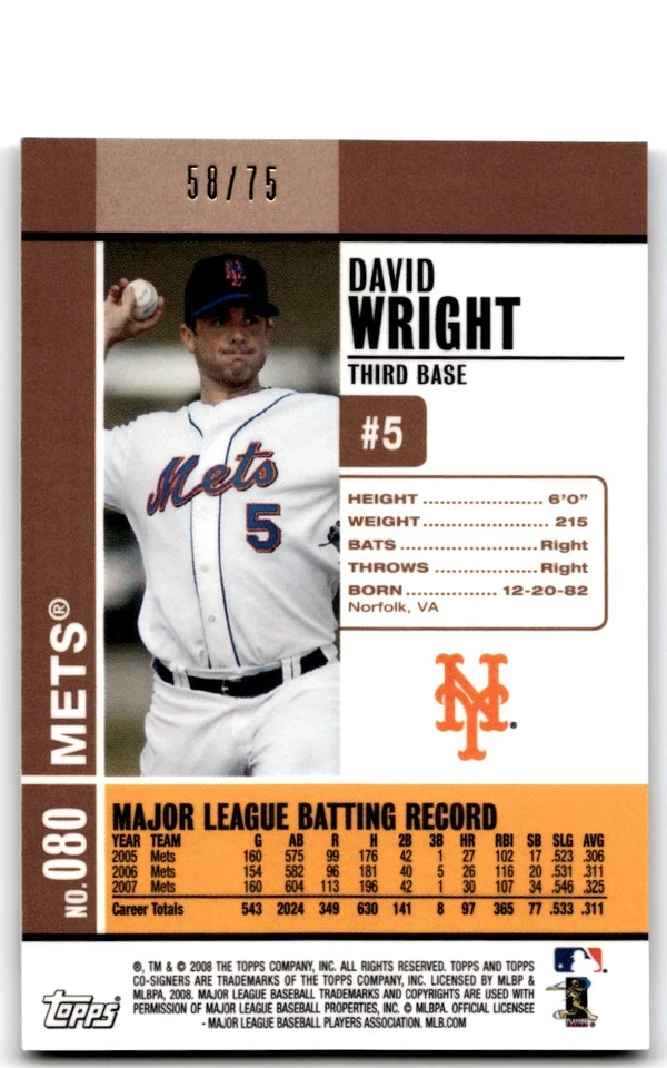 2008 Topps Opening CO SIGNERS DAVID WRIGHT /75 New York Mets #5 - Image 2 of 2