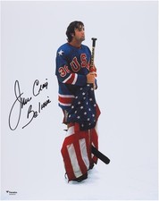 Jim Craig Team USA Signed 16x20 1980 Olympics Holding Stick & Flag Photo w/Insc