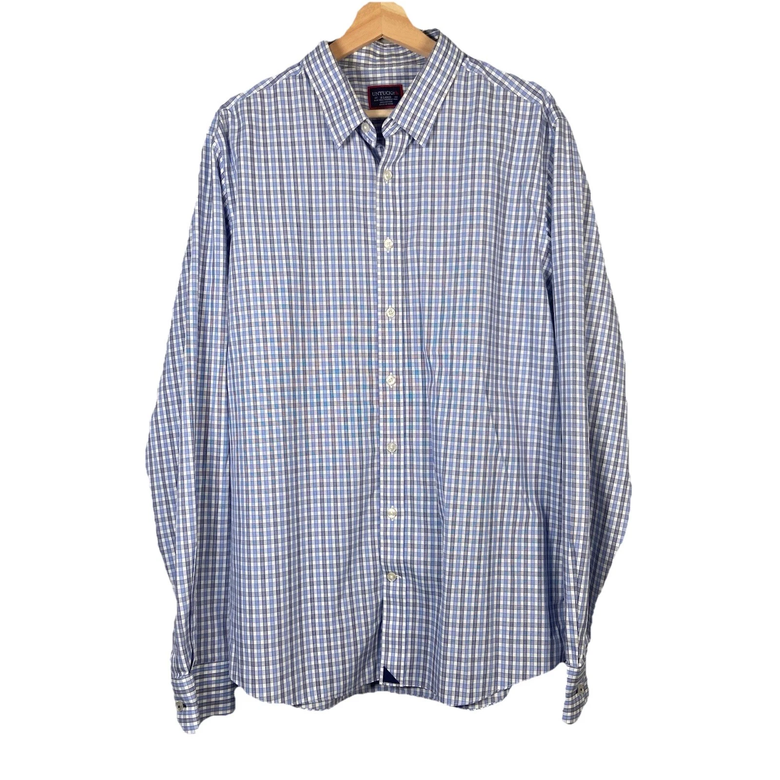 UNTUCKit Shirt Mens XL Blue White Plaid Wrinkle Resistant Button Up Preppy