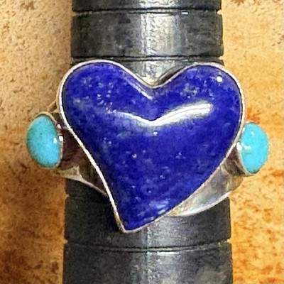 Jay King Heart Ring Size 8 Sterling Silver, Lapis Heart and Turquoise DTR