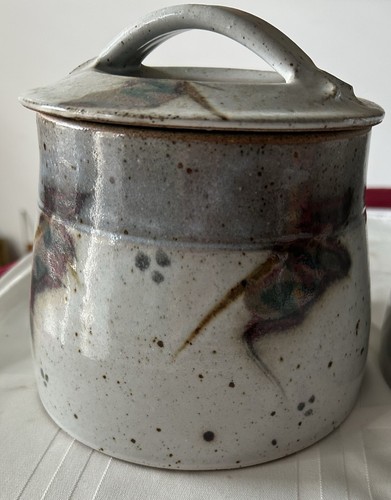 VTG Speckled Handmade Pottery Lidded Canister Set, Signed VM Stoneware Glaze - Picture 2 of 13