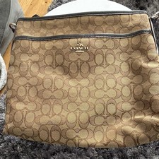 Coach Signature Monogram Shoulder Bag Brown/Beige Canvas Leather Zip Gold