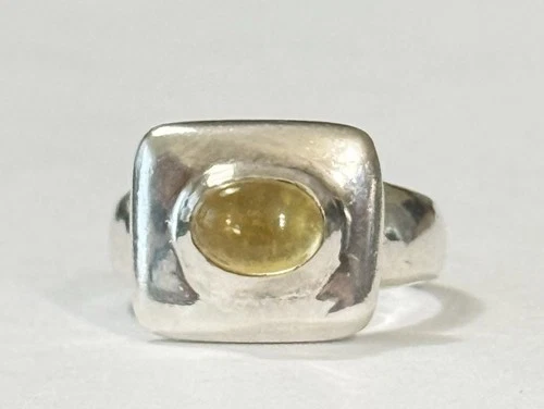 Vintage Modernist Sterling Silver Lemon Amber Cabochon Square Face Ring Size 5.5