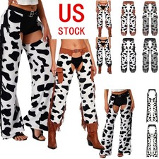 US Womens Western Cowboy Fringed Chaps Pants Cow-spot Pattern Flannel Trousers