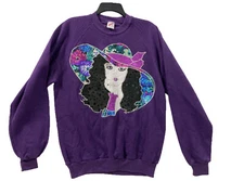 Women’s Embroidered Purple Hat Lady Society Floral Sweatshirt Size Large 42/44