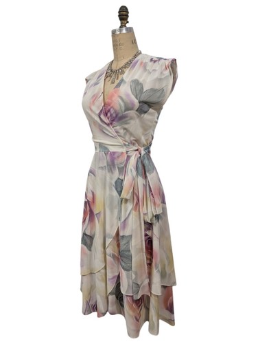 Vtg 70s Wrap Dress S/M Floral Rose V Neck Short Sleeve Pink Purple Flowers Print - Picture 12 of 20