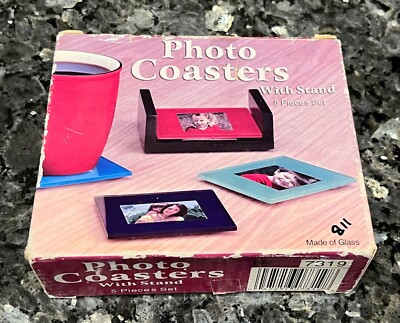 PHOTO GLASS Coasters with Wood Case Vintage Original Box Set of 4 (5 Piece) NEW