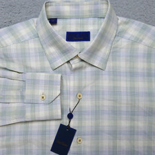 David Donahue Shirt Mens Medium Green Beige Plaid Button Down Long Sleeve Cotton