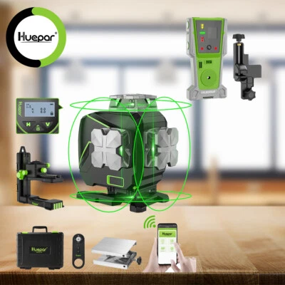 Huepar 4D Grüner Selbstnivellierendes Laserniveau mit LCD + Laserdetektor LR-8RG - Bild 1 von 4