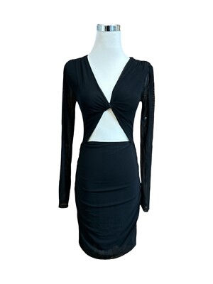Adika Bodycon Mini Dress Women's Size M Black Stretch Ruched Sheer Sleeve  Twist | eBay