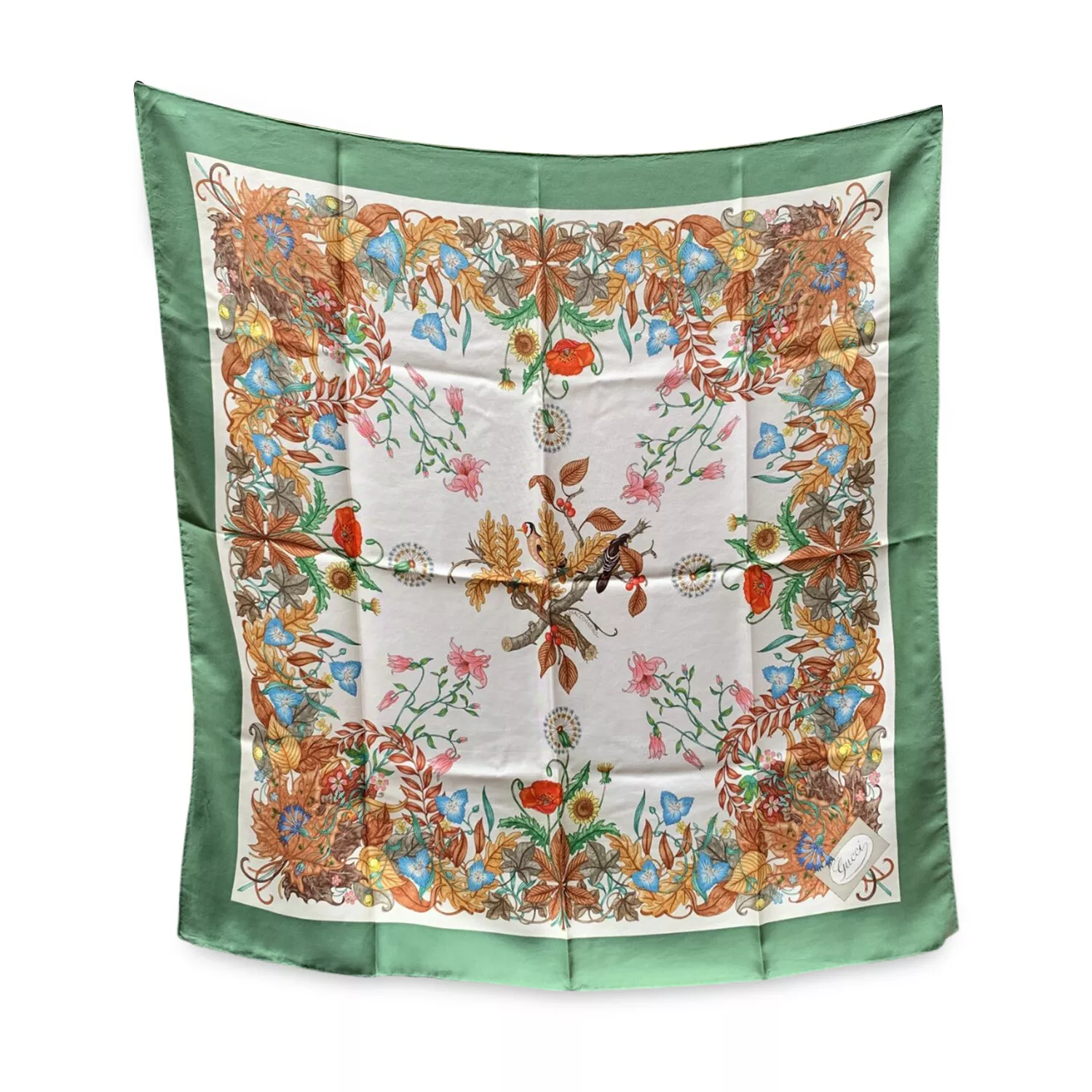 Authentic Gucci Vintage Green Accornero Fall Themed Birds Floral Silk Scarf