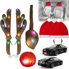 Car Reindeer Antlers & Nose Decorations, Christmas Antlers Car Kit with LED Ligh