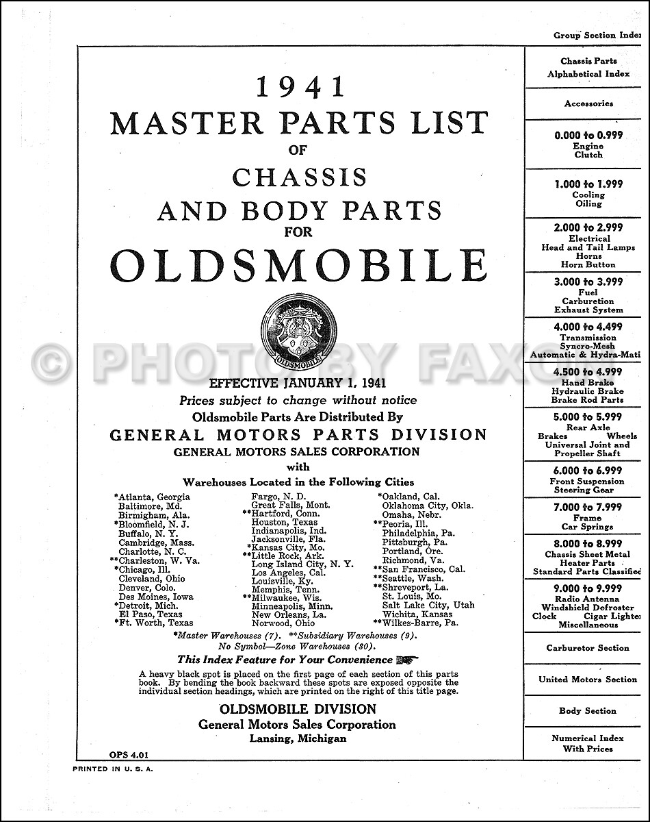Oldsmobile Illustrated Master Parts Book 1941 1940 1939 1938 1937 Olds