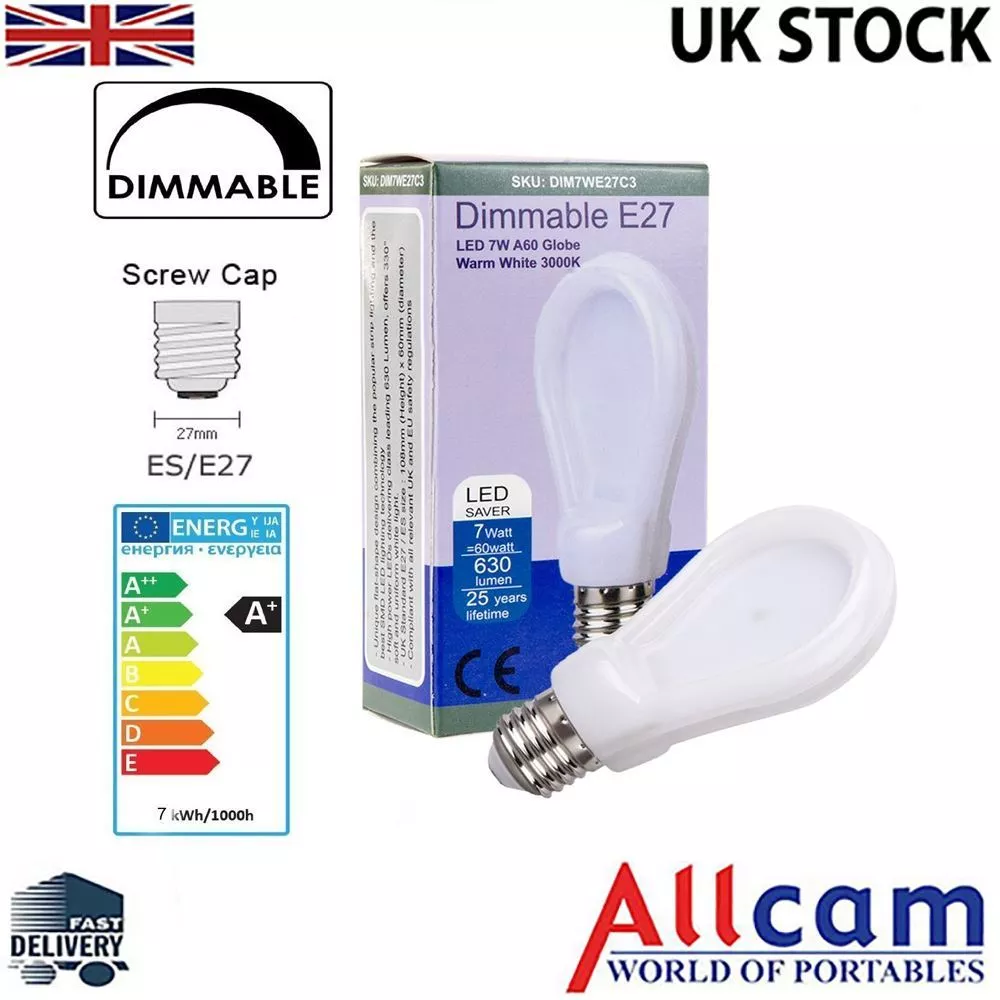 Allcam 7W Dimmable LED Bulb E27 ES 630lm 60W Incandescent Globe