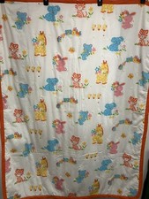 Vtg Baby Crib Comforter Quilted Blanket Animals Train Giraffe Bunny Cat 43x 55