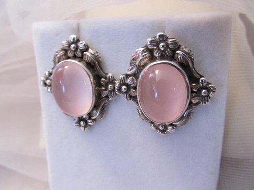 Pendientes Carol Felley Rosa Cuarzo Flor Plata de Ley 1989 - Imagen 8 de 10