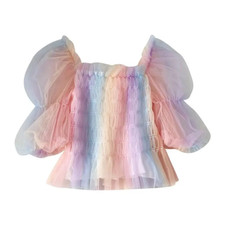 Women Rainbow Crop Top Mesh Chiffon Shirt Off Shoulder Puff Sleeve Blouse