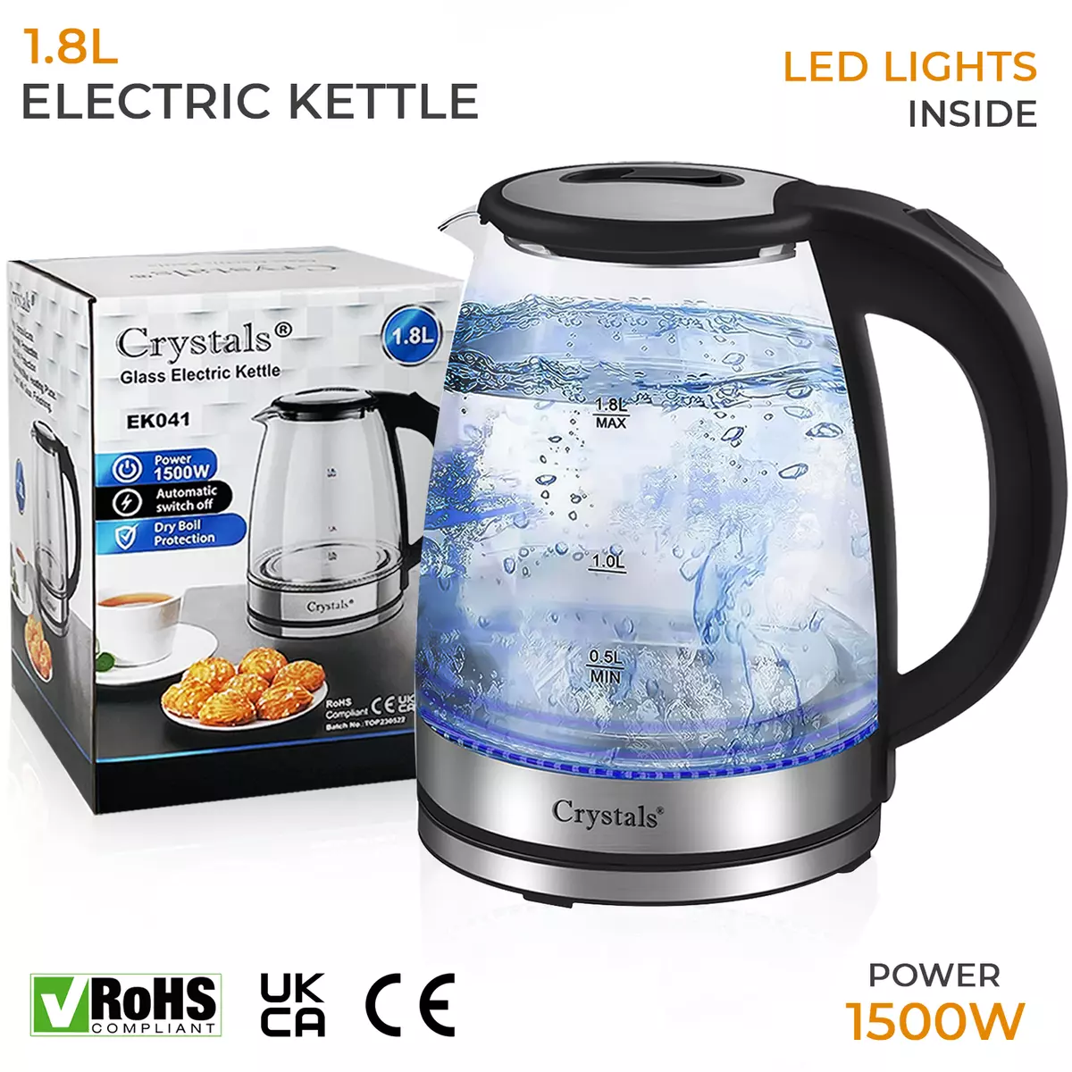 1.8L Electric Kettle Glass 360 Blue LED Illuminated Portable Jug 1500W