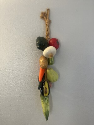 Vintage 26'' Hanging Ceramic Vegetables On A Rope Kitchen Decor Garlic Avo Corn