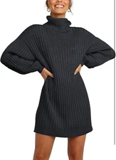 Anrabess Women’s Oversized Sweater Dress Turtleneck Batwing Sleeve Short Black M