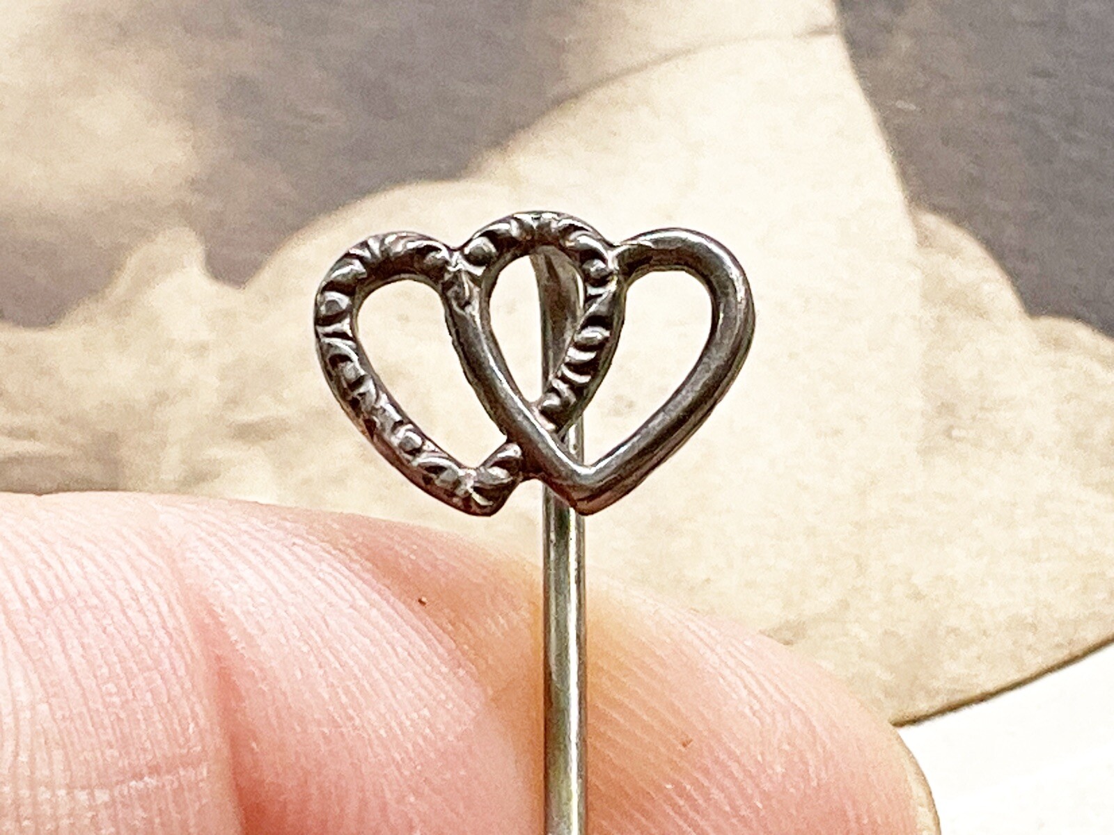 Antique Sterling Silver Interlocking 2 Hearts Sti… - image 1