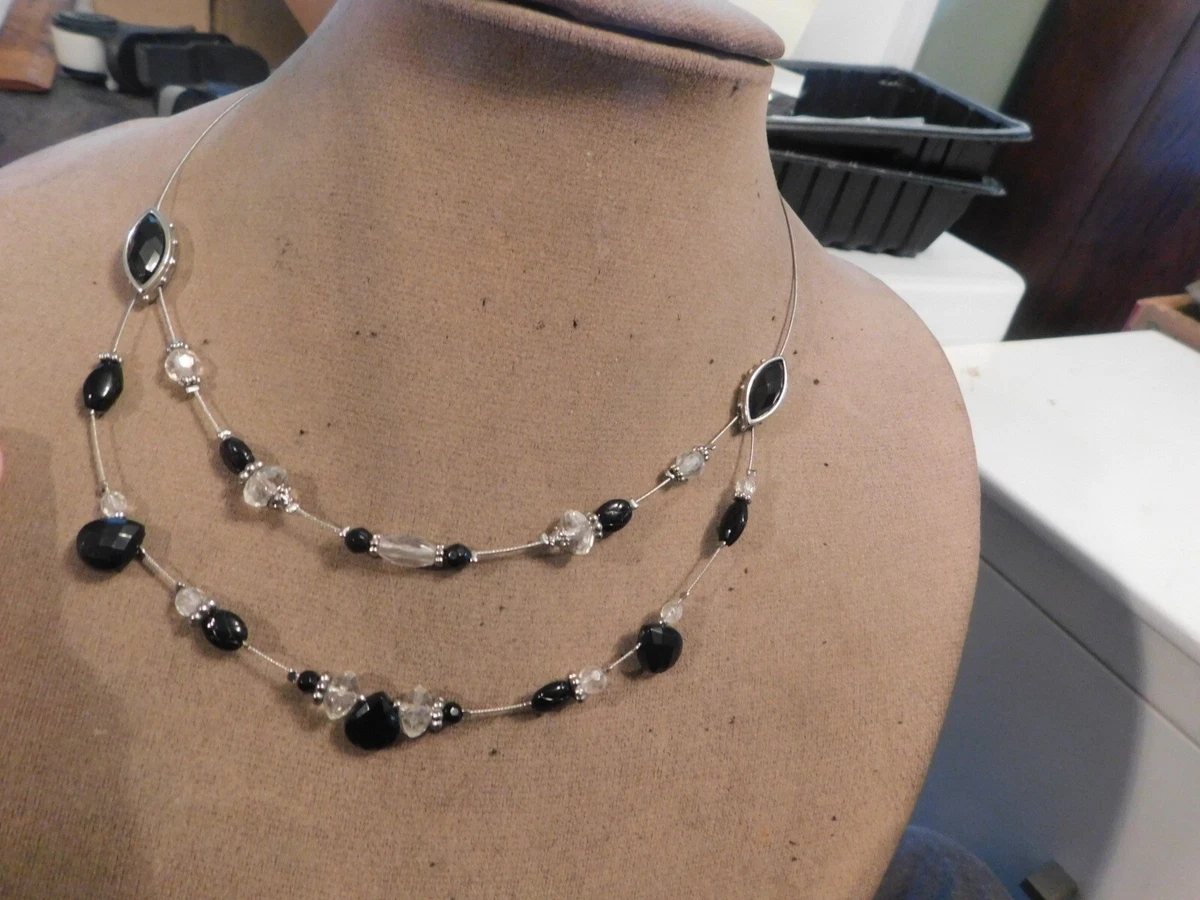 VTG 2 Strand Silver Tone Wire with Black clear Beads Necklace
