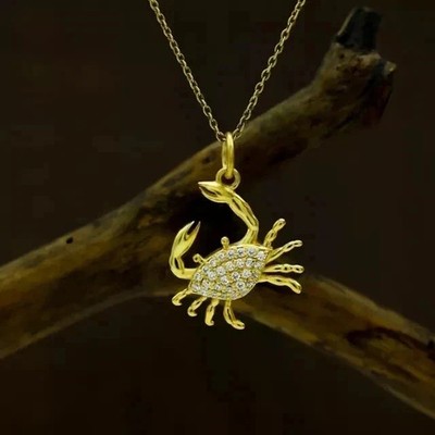 1.50 Ct Round Cut Real Moissanite In 14K Yellow Gold Plated Crab Charm Pendant