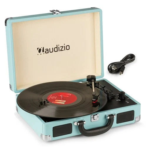 RP114BL Briefcase Record Player with Built-in Speakers, USB, Vinyl to MP3 - Blue