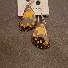 Handcrafted Butterfly Wing Yellow Black Resin Silver Dangle Earrings Nature