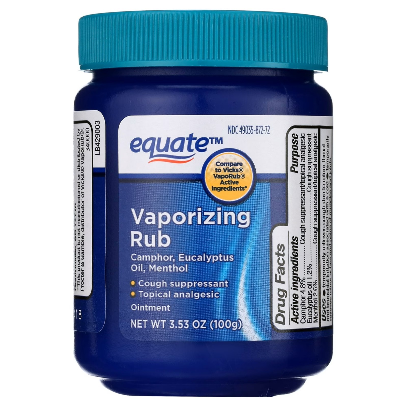 Equate Vaporizing Rub Ointment 3.53oz Compare to Vicks Vaporub Active Ingredient