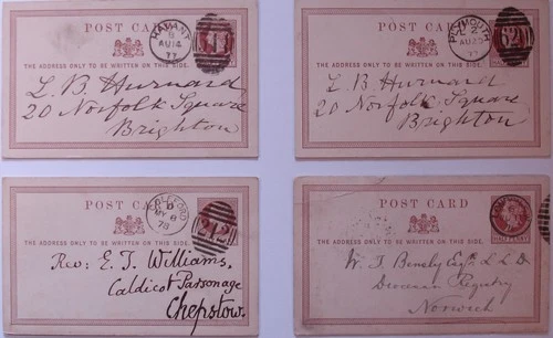 ½d Brown 4x CP4 1877-78 postcards: Havant, Plymouth, Colford & London duplex.