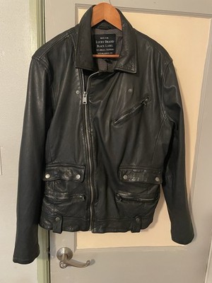 Lucky Brand Black Label Men's Black Leather Biker Jacket Zip Button Accent