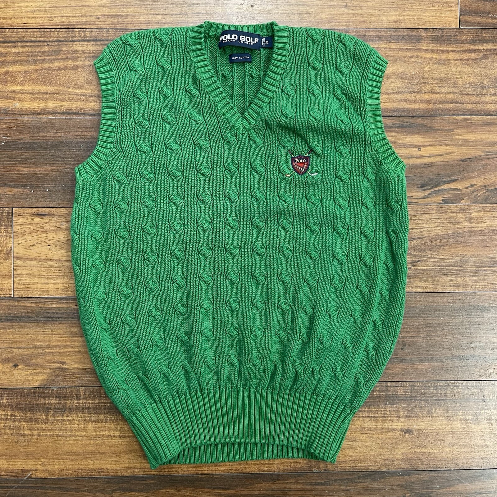 Vintage Polo Golf Ralph Lauren Men M Green Cable Knit Sweater Vest Crest Golfing