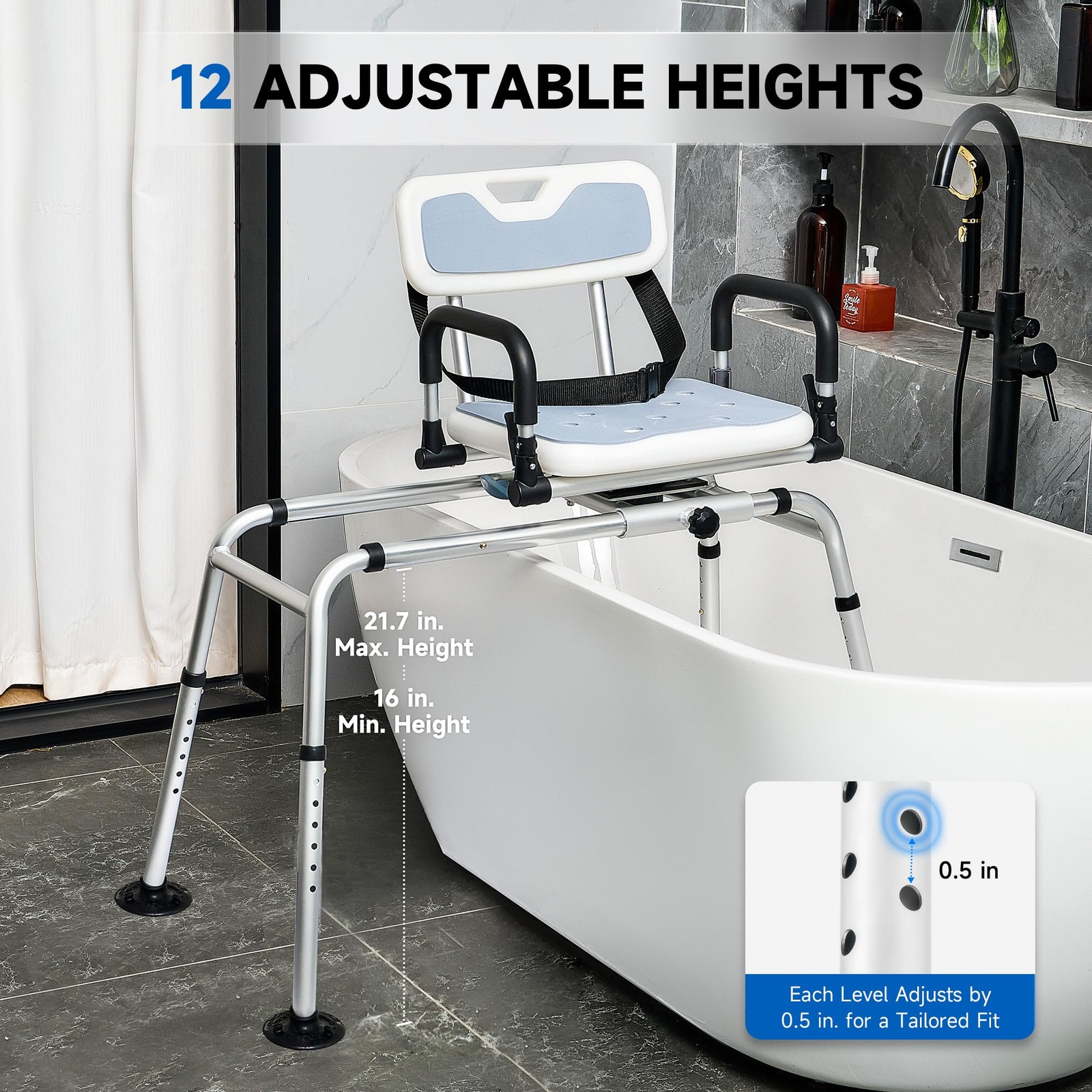 CO-Z Sliding Shower Chair with 360° Swivel Seat, 12-Level Tub Transfer Bench ...