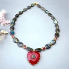 30mm Red Heart Pendant  11x15mm Natural Labradorite Chokers Necklace