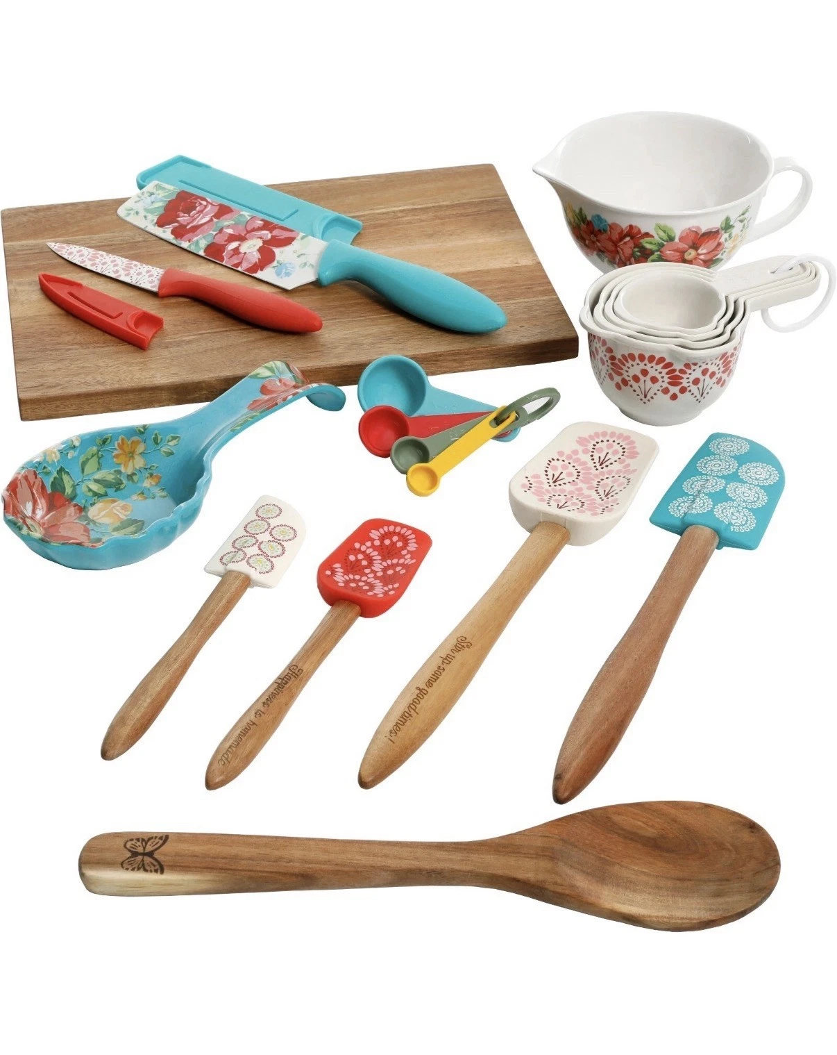 Pioneer Woman Vintage Floral Gadget Set 20Pc Set Measuring Cups Board Spatulas