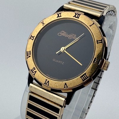 VTG First Class Quartz Watch Unisex Gold Tone Black Stretch Analog New Battery