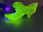 Fenton Vaseline Glass Cat Head Vintage Glass Shoe Topaz Yellow GLOWS UV Light