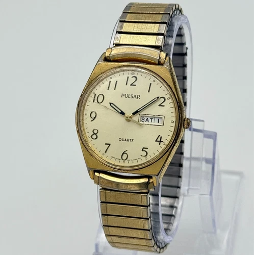 Vintage Men's PULSAR by Seiko Gold Tone Classic 34mm Watch, Flex Band, V533-8A70