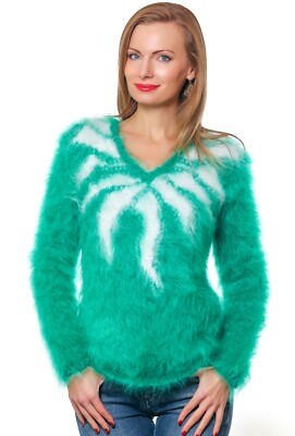 Green mohair sweater unique V neck fuzzy hand knit warm fluffy