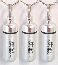 Set of 3 "Always In My Heart" Silver CREMATION URN Necklaces with Velvet Pouches