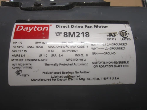 Dayton Fan Motor 8M218 Pedestal , 1/2 Hp, 875 RPM, 115V , 48YZ, TEAO, SFA 6.4