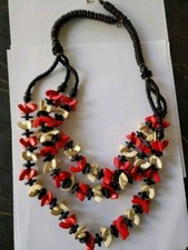 Color Pop Wood Fetish Necklace Multi strand red white black 30" Fringe Jewelry