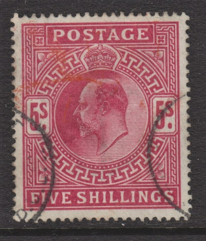 GB fine used KEVII 1902 De La Rue five shillings bright carmine high value
