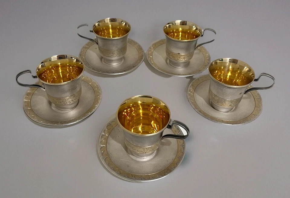 Antique Russian Silver 810 MMET GOLD Plated inside Coffee Cup & Saucer Set of 5 - Image 4 of 4