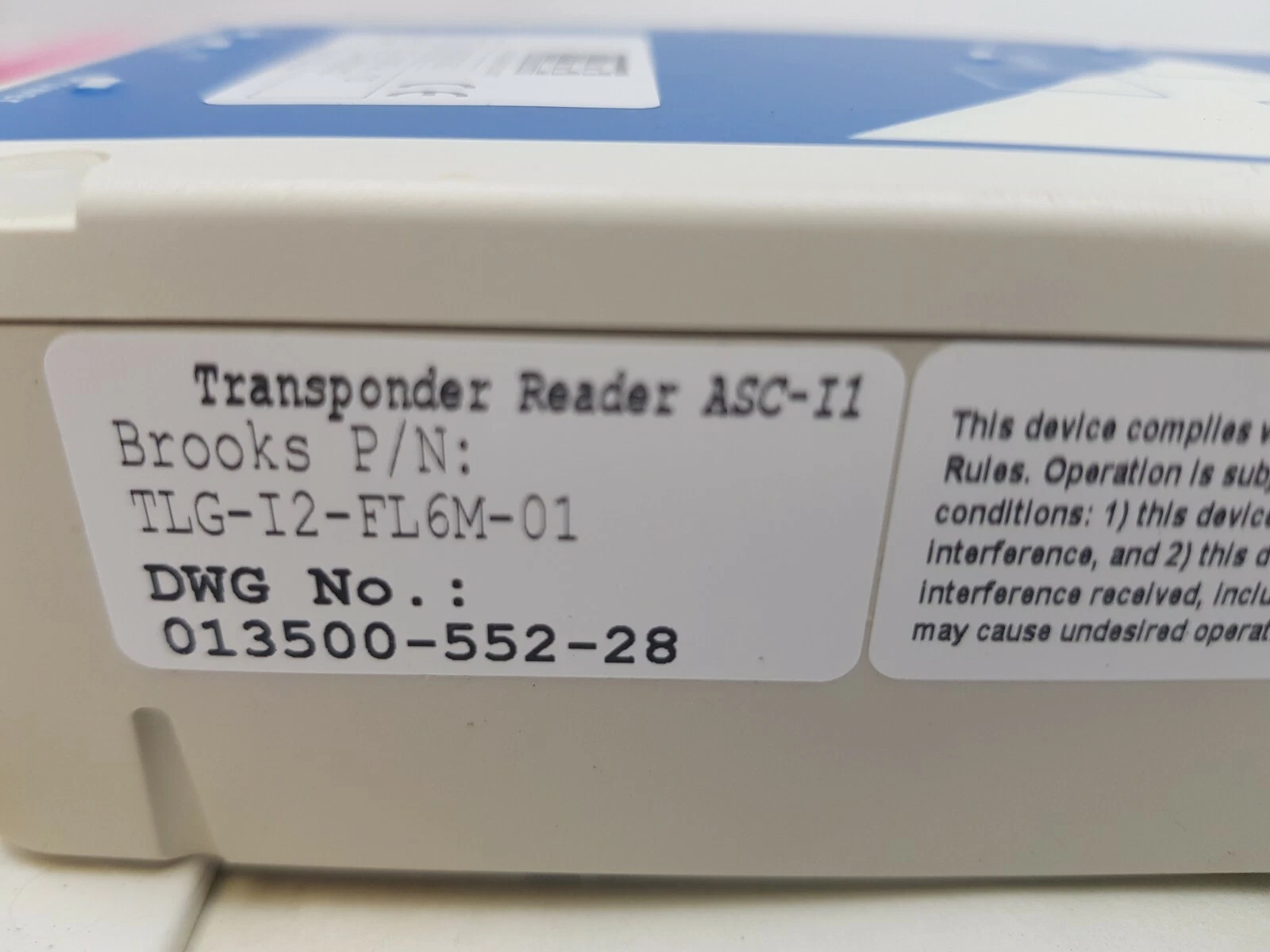 Label: Transponder Reader ASC-I1, Brooks P/N TLG-I2-FL6M-01, DWG No. 013500-552-28